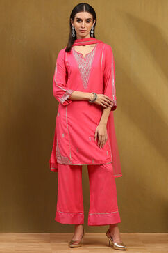 Pink Embroidered Straight Suit Set image number 6