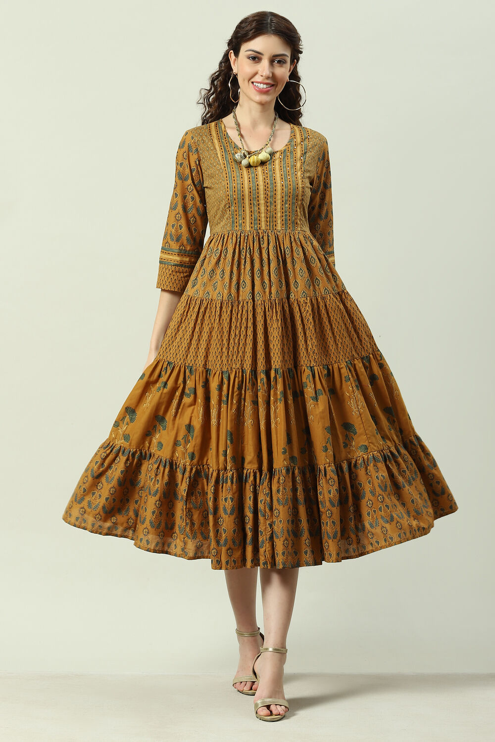 Ochre Cotton Printed Flared Tiered Dress image number 0