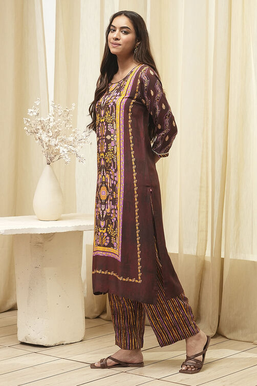 Maroon Cotton Straight Kurta Palazzo Suit Set image number 3