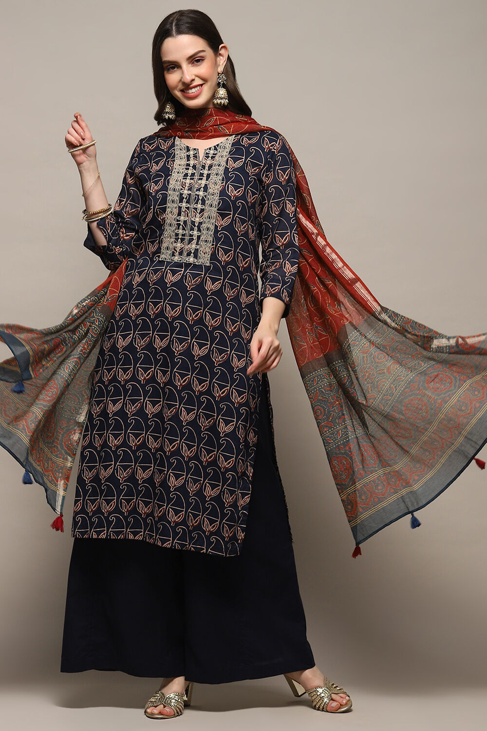 Indigo Cotton Blend Flared Kurta Palazzo Suit Set image number 0