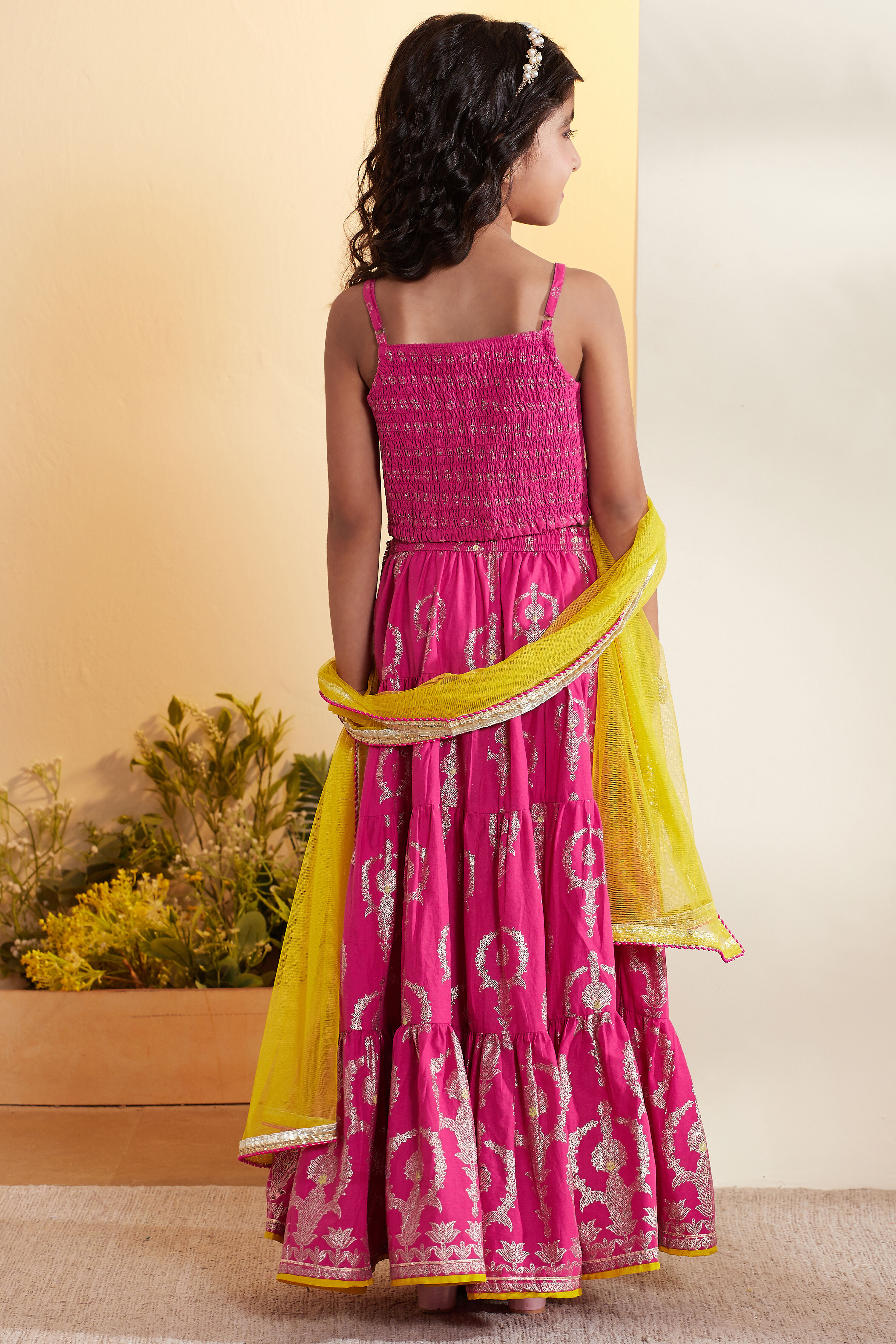 Pink Cotton Printed Tiered Lehenga Set image number 5