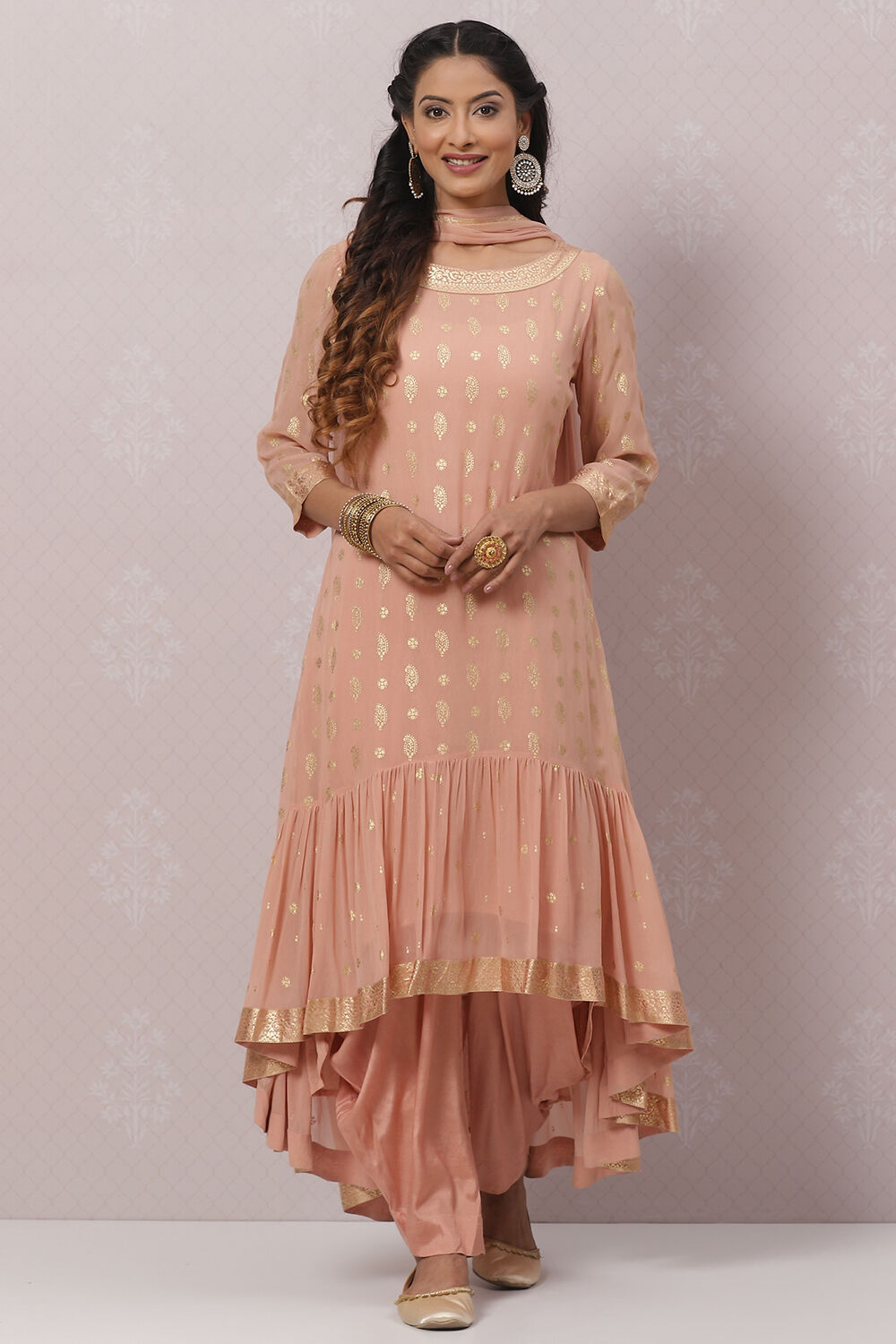 Dull Pink Art Silk Asymmetric Kurta Salwar Suit Set image number 0