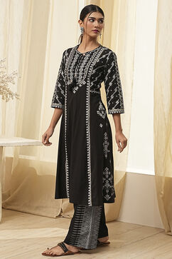 Black Pure Cotton Printed A-line Kurta Set image number 3