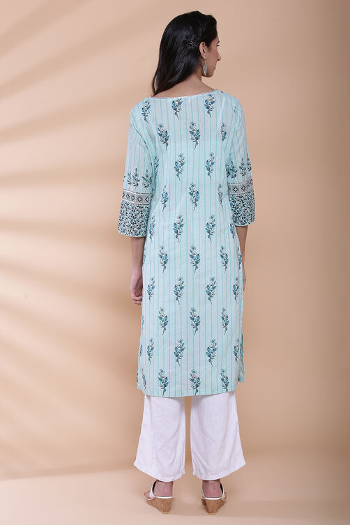 Turquoise Cotton Straight Kurta image number 5