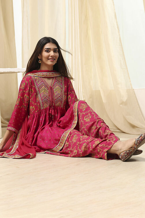 Fuchsia Viscose Floral Printed Peplum Suit Set image number 0