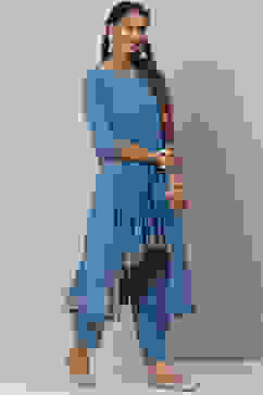 Blue Art Silk Asymmetric Kurta Salwar Suit Set image number 6