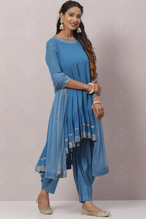 Blue Art Silk Asymmetric Kurta Salwar Suit Set image number 6