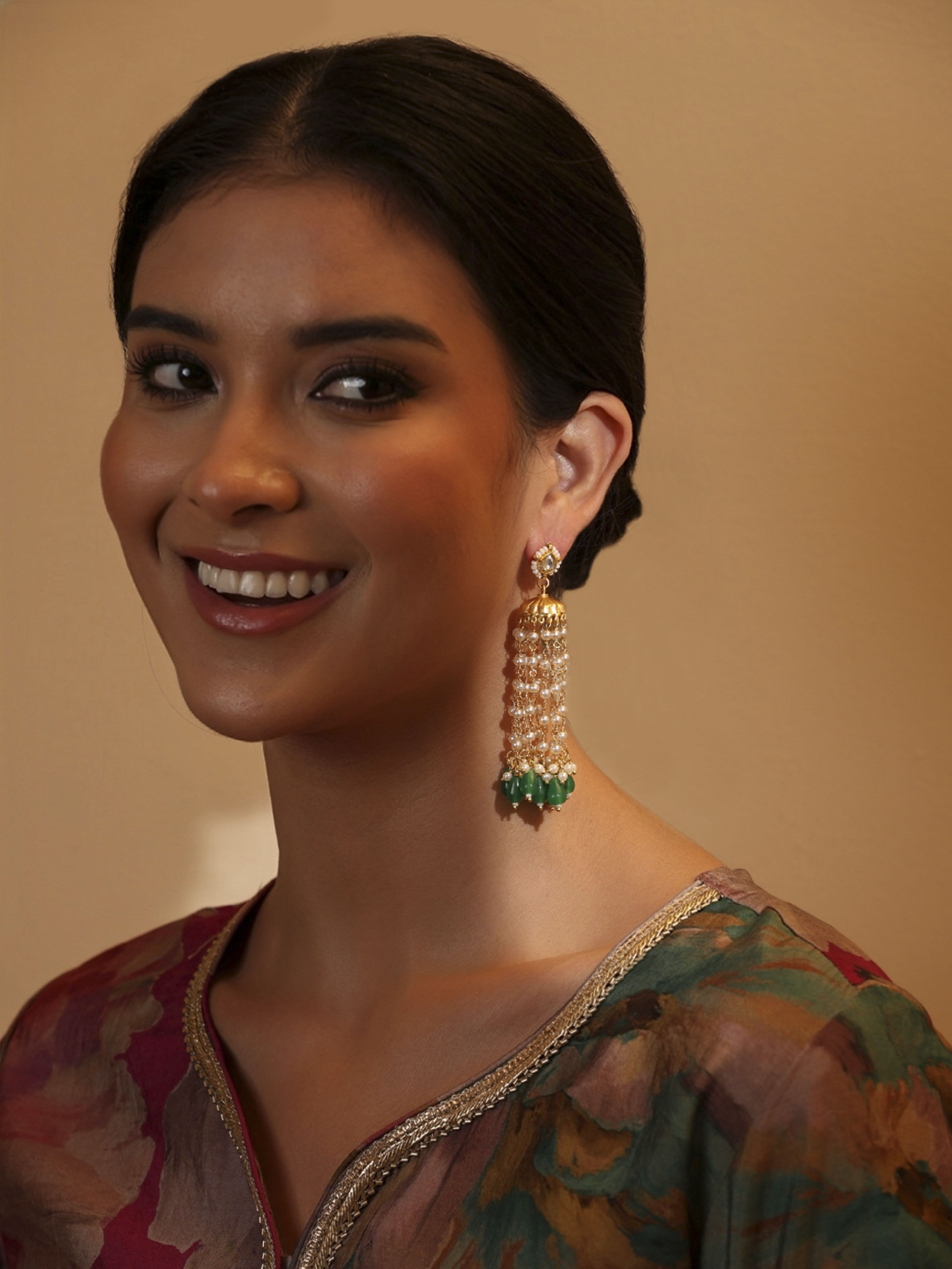 Green Gold Plated Brass Jhumkas image number 3