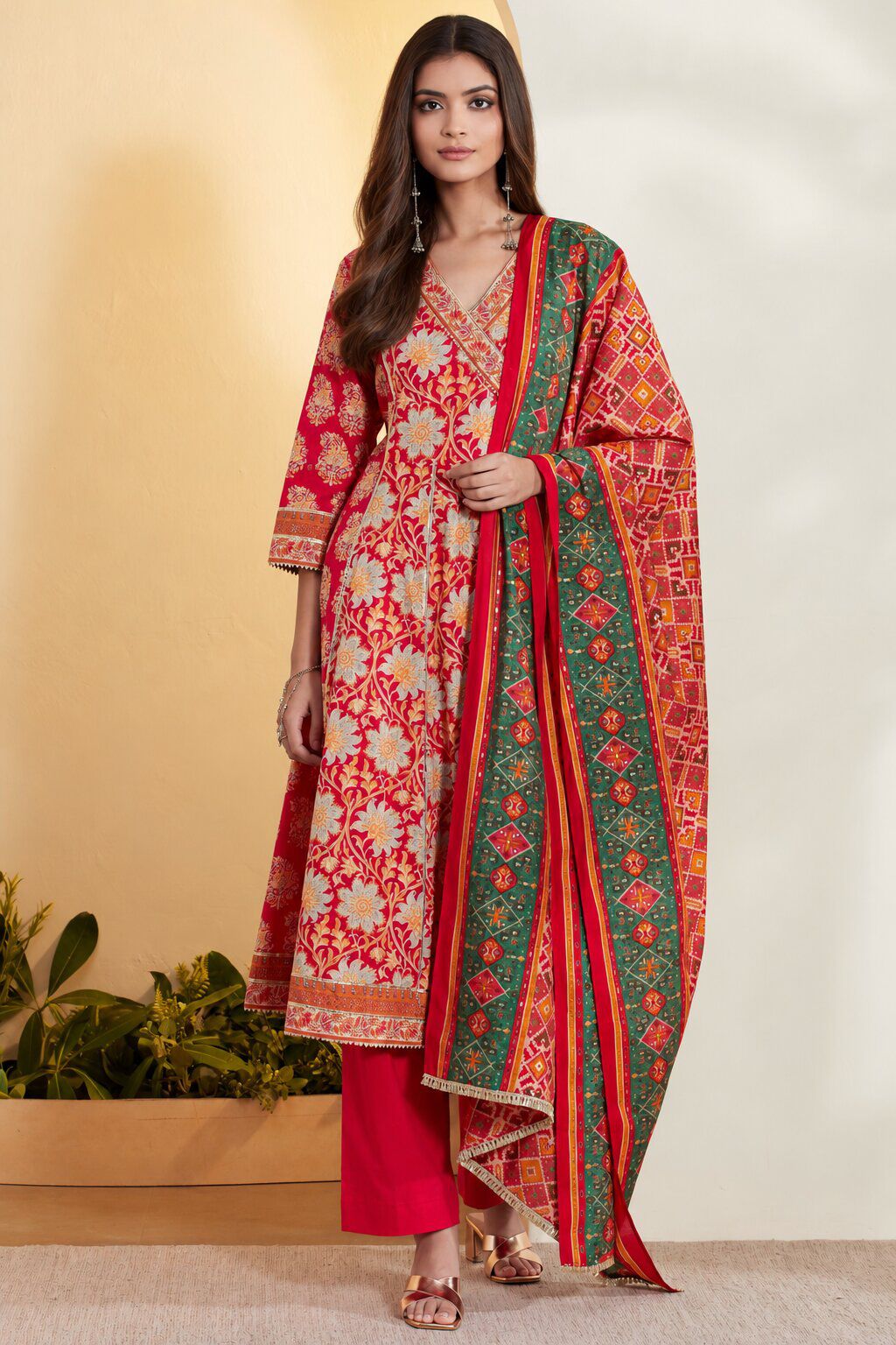 Red Cotton Floral Printed Anarkali Kurta Set image number 0
