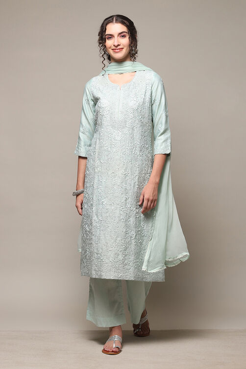 Sea Green Cotton Silk Straight Kurta Palazzo Suit Set image number 7