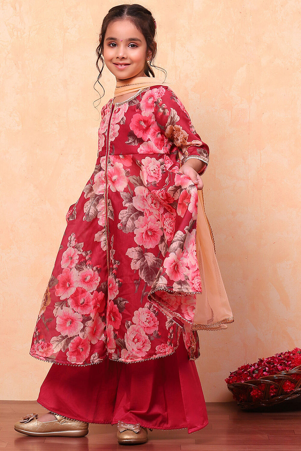 Pink Floral Printed Flared Festive Suit Set image number 3