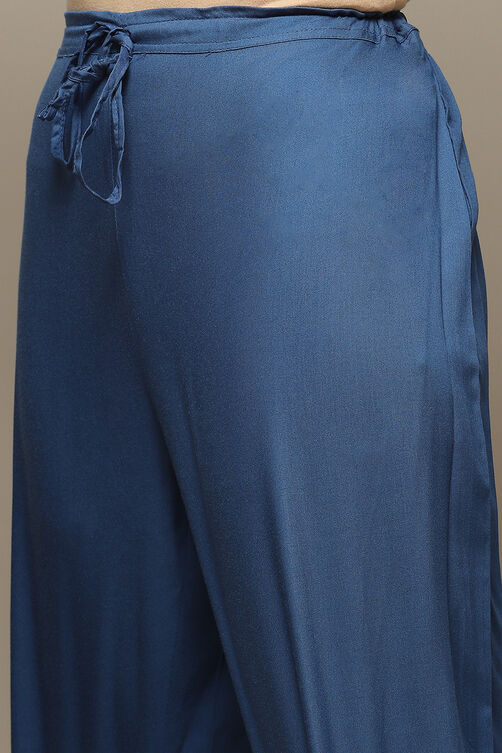 Off White & Blue Rayon Straight Kurta Palazzo Suit Set image number 2