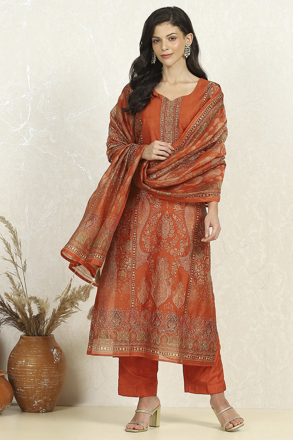 Rust Chanderi Unstitched Suit Set image number 1