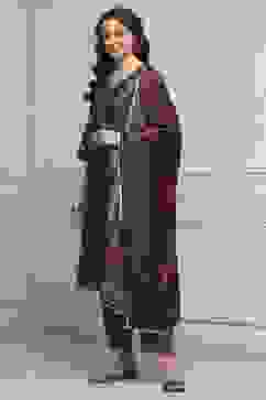 Plum Velvet Printed Straight Winter Suit Set image number 3