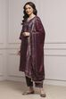 Plum Velvet Printed Straight Winter Suit Set image number 3