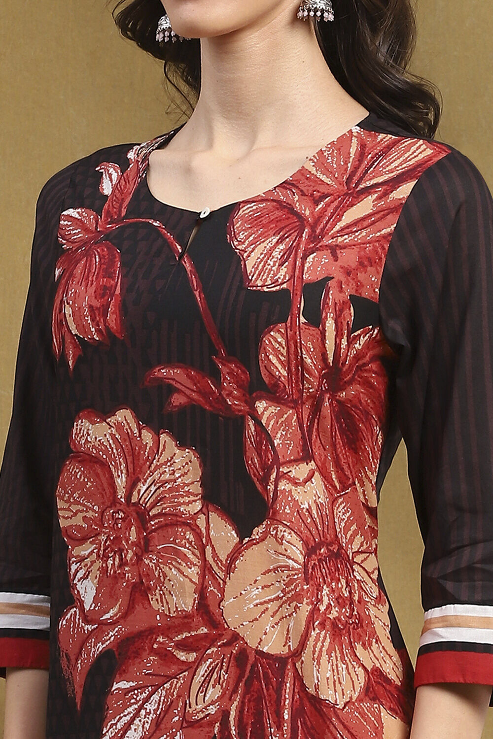 Chocolate Brown Cotton Floral Hand-Block Printed Straight Kurta image number 1