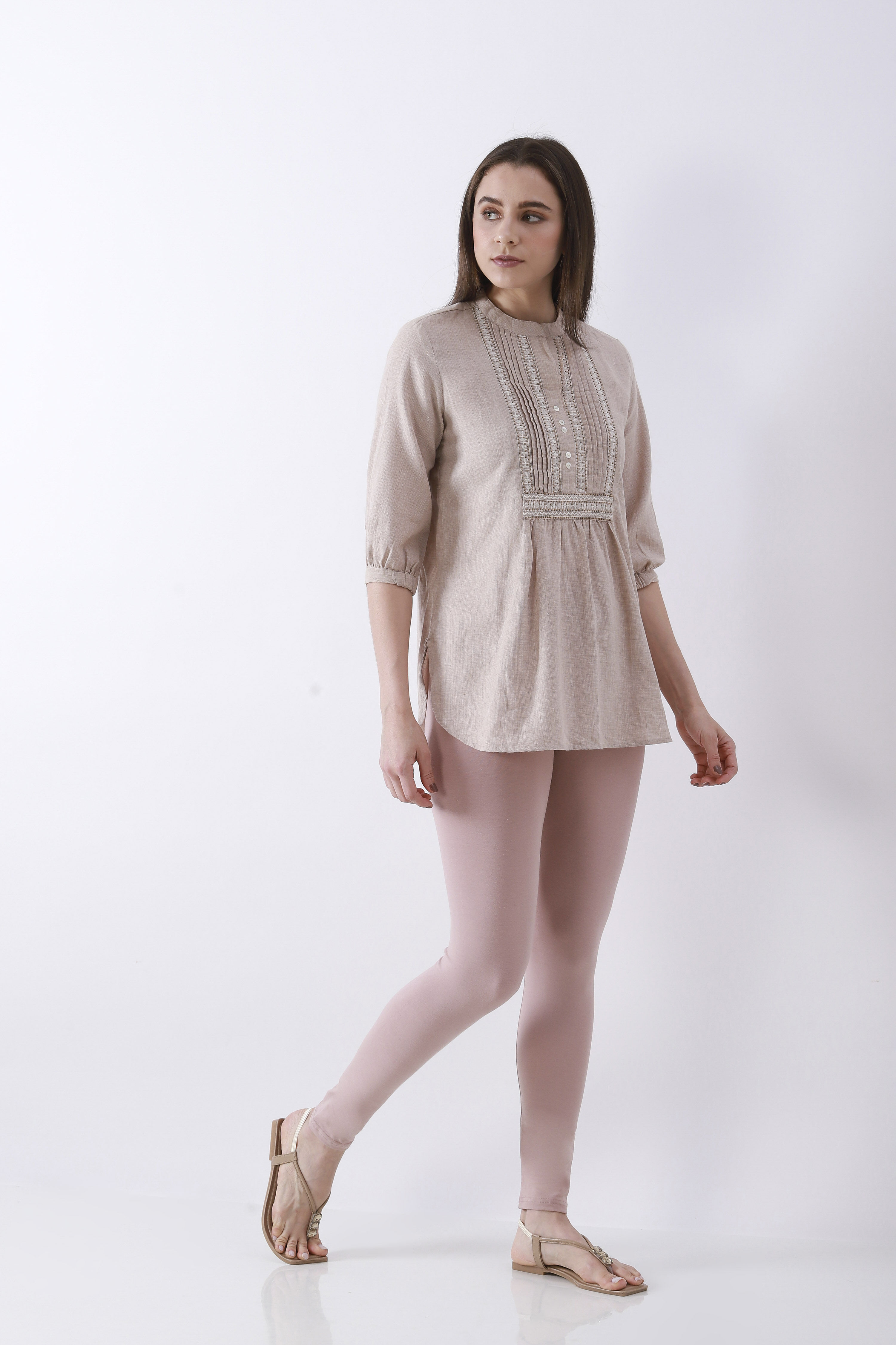 Light Pink Cotton Lycra Solid Fitted Leggings image number 0