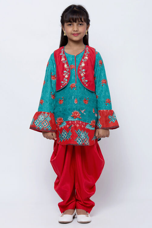 Turquoise And Red Cotton Straight Kurta Dhoti Salwar Suit Set image number 0