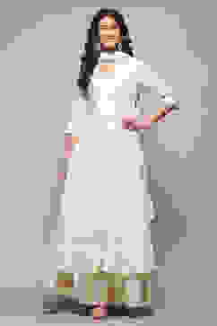 Off White Cotton Anarkali Lehenga Set image number 7