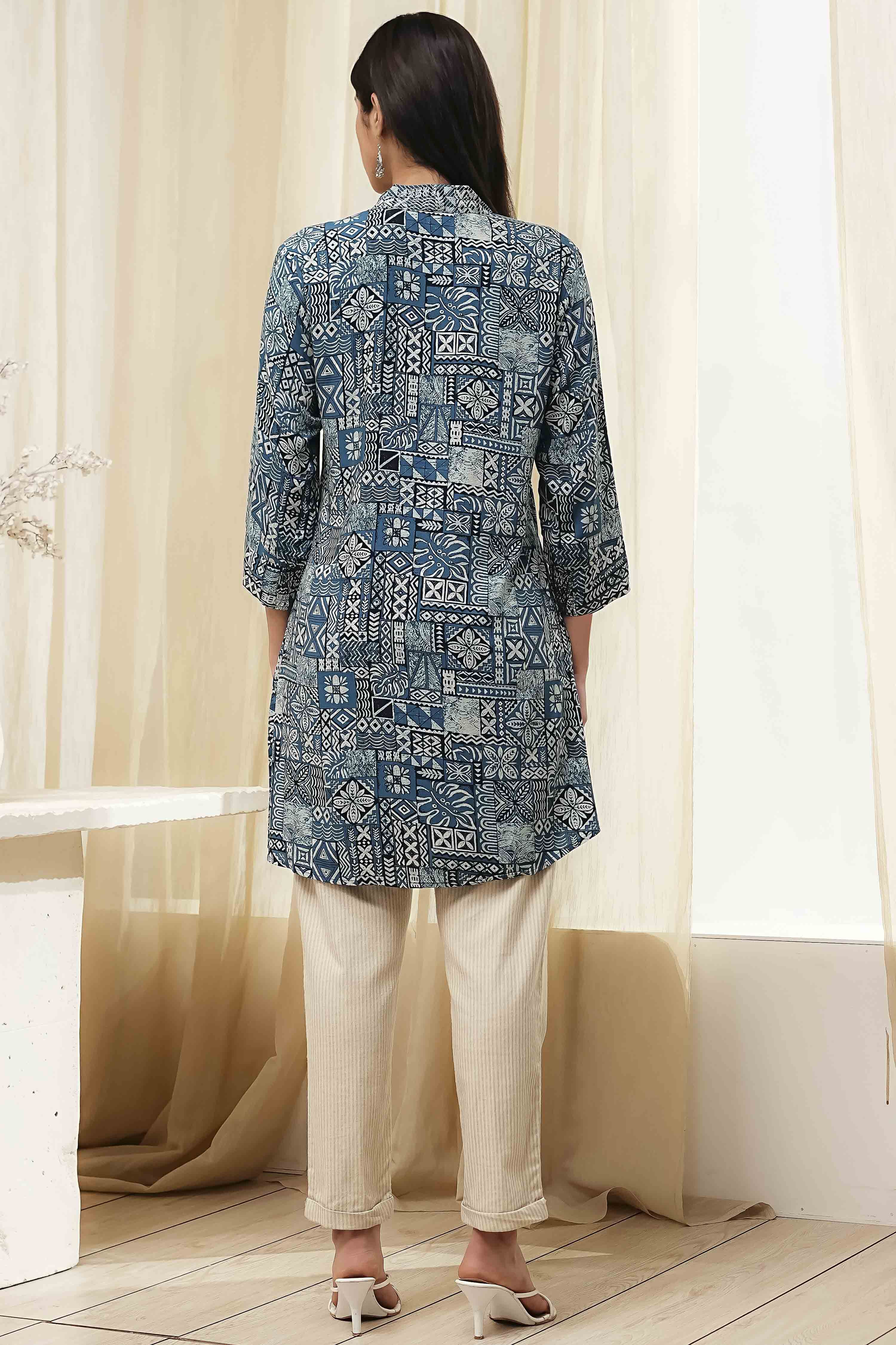 Teal Printed Straight Short Kurta image number 3