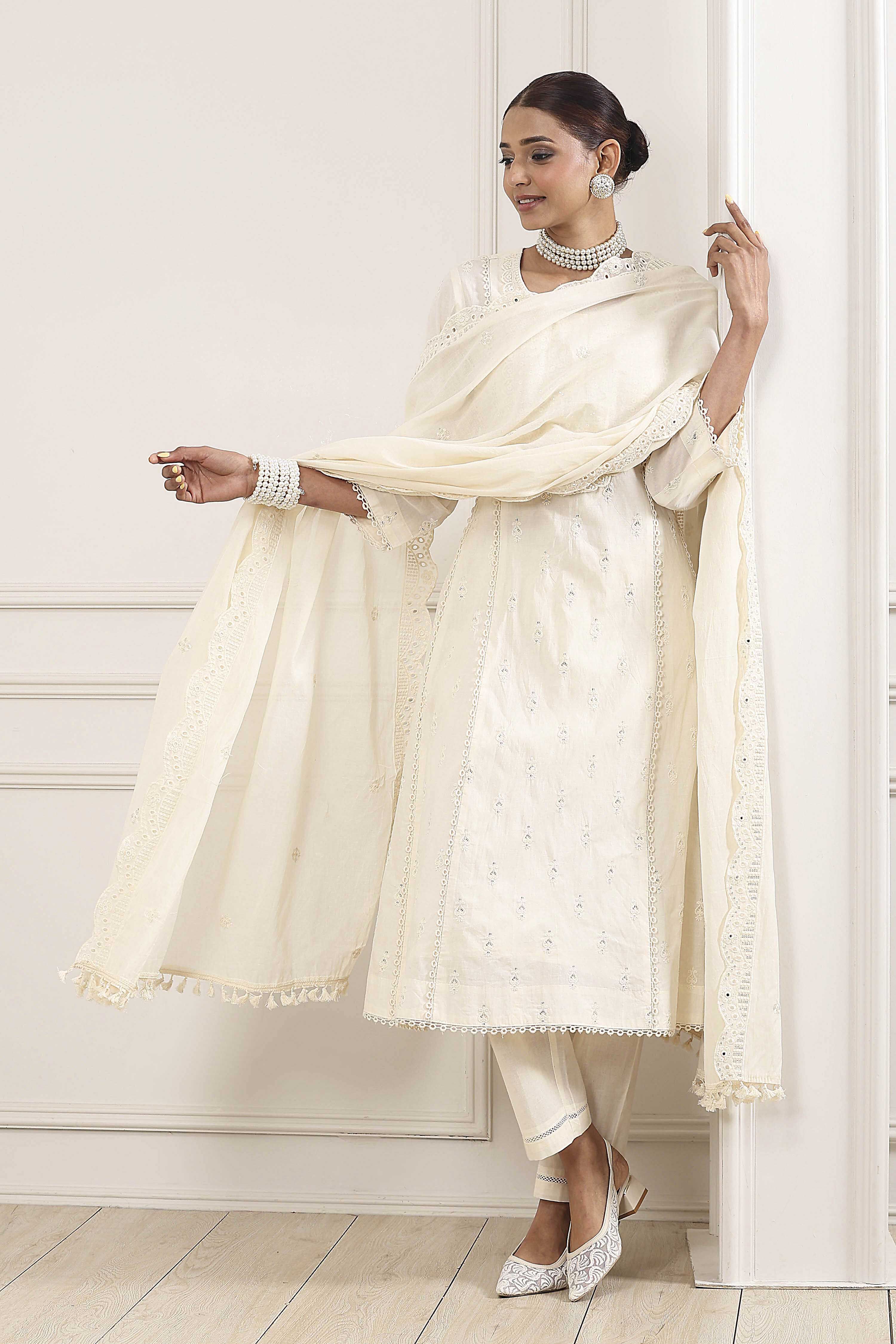 Ecru Cotton Embroidered Kalidar Suit Set image number 0