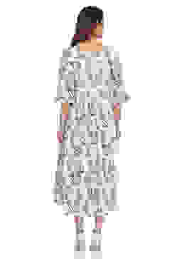 Off White Flared Cotton Printed Dress image number 4
