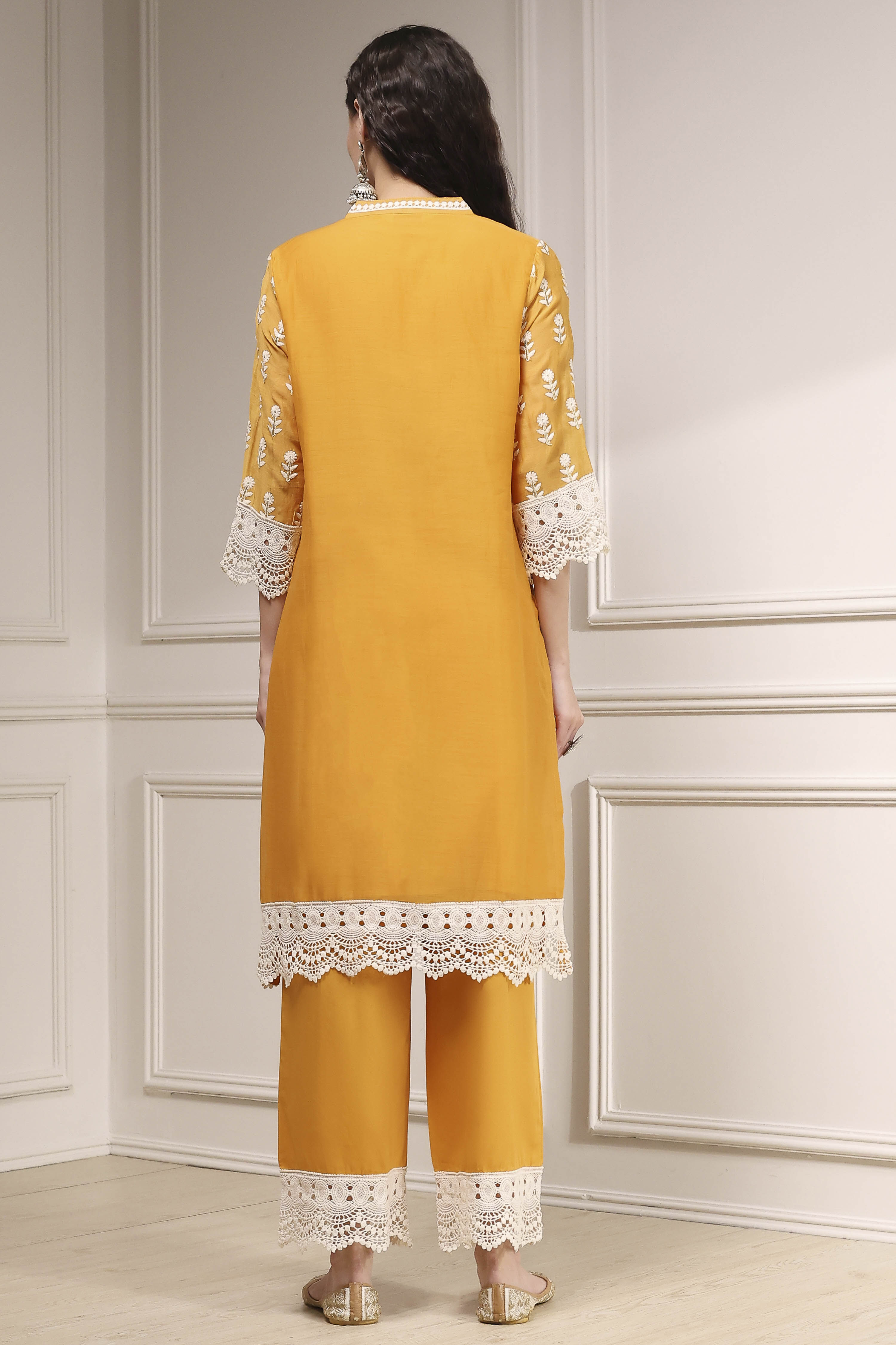 Ochre Yellow Chanderi Straight Suit Set image number 4