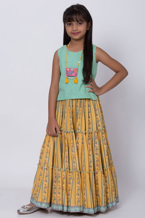 Green And Yellow Printed Skirt Top Set image number 0