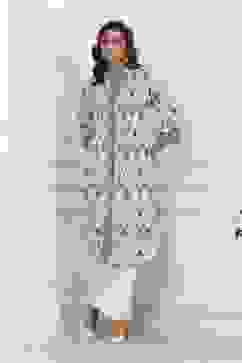 White and Blue Cotton Printed Pleated Straight Kurta image number 0