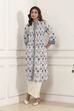 White and Blue Cotton Printed Pleated Straight Kurta
