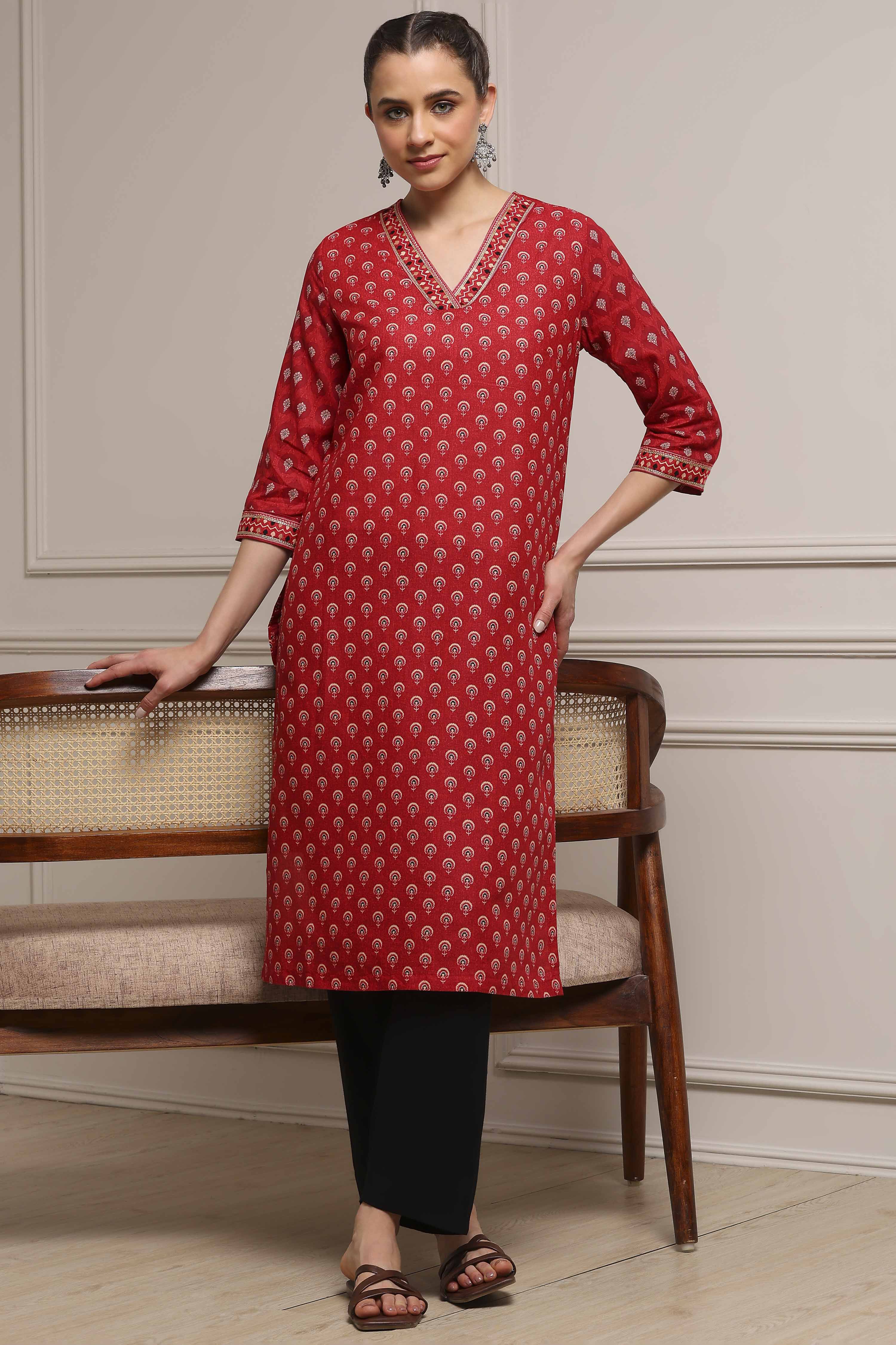 Red Cotton Straight Printed Kurta image number 0