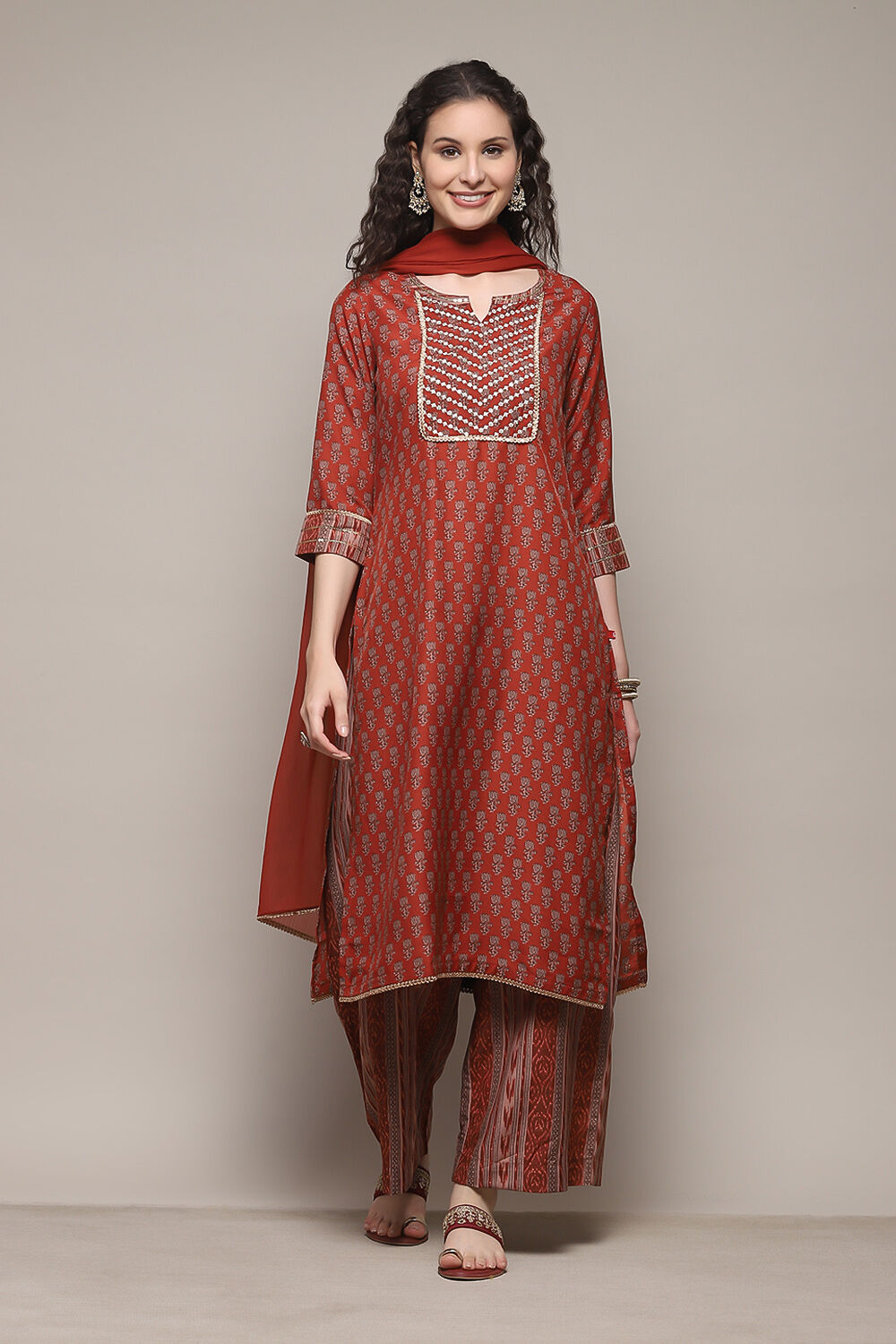 Teracota Poly Chiffon Straight Printed Kurta Palazzo Suit Set image number 0