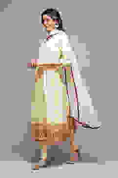 Beige Rayon Gathered Kurta Churidar Suit Set image number 5