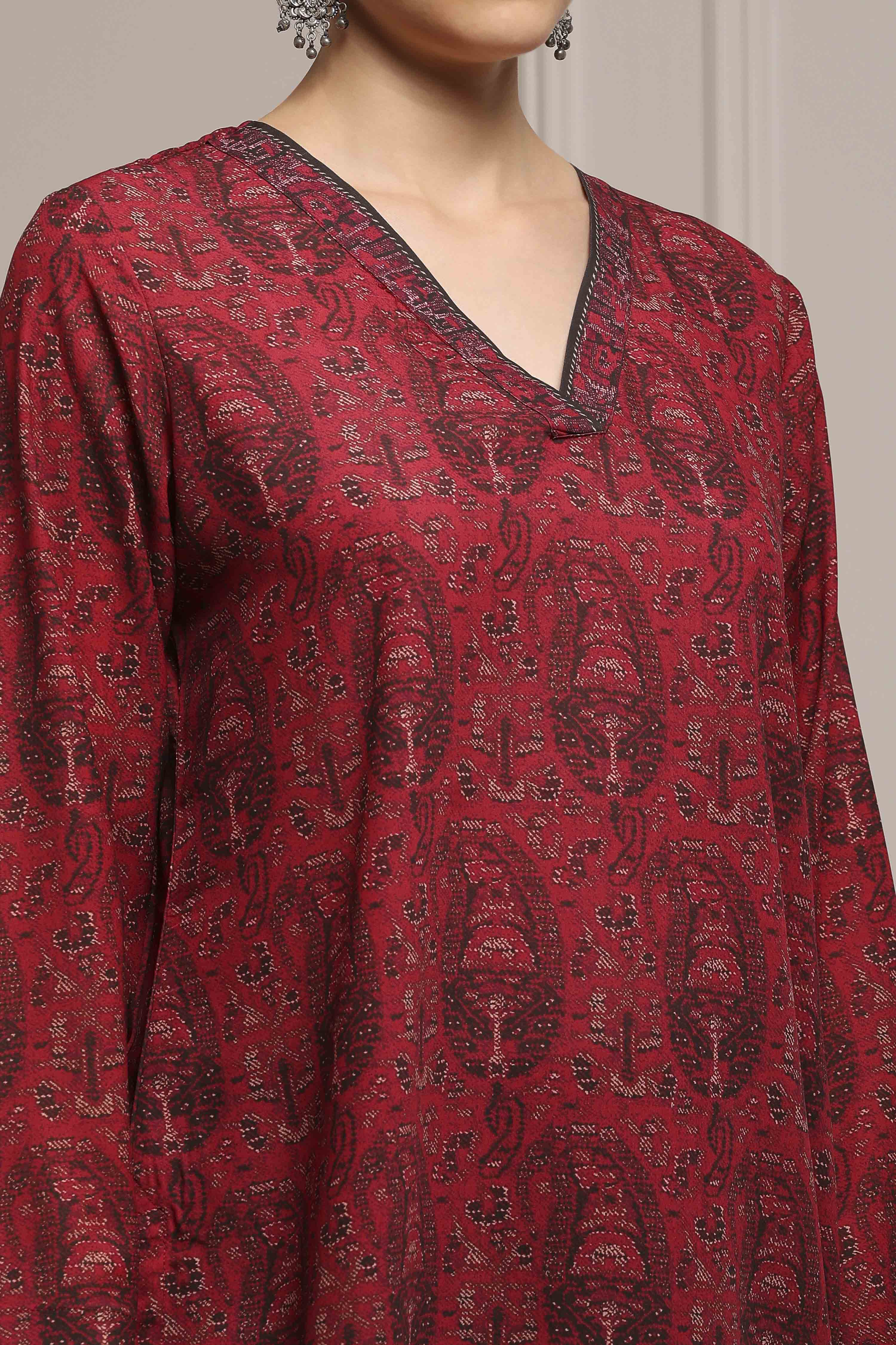 Maroon Black Polyester Straight Printed Kurta image number 1