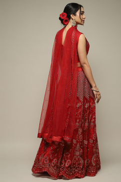 Red Nylon Embroidered Lehenga Set image number 5