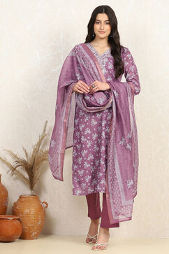Mauve Linen Blend Digital Print Unstitched Suit Set image number 1