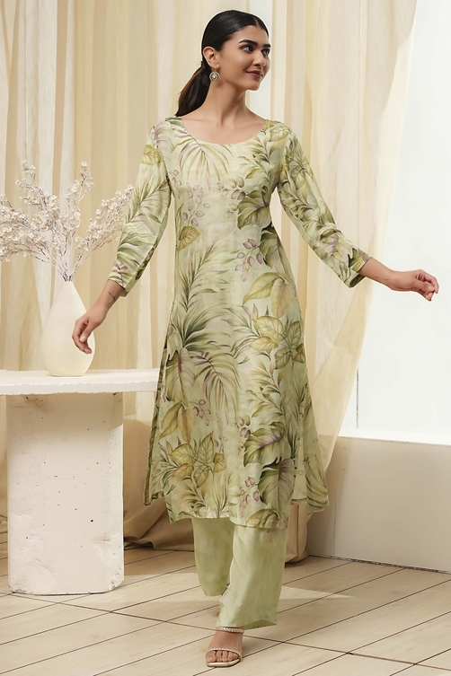 Green Modal Floral Printed Straight Kurta Set image number 6