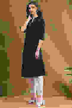 Navy Blue Cotton Solid Pleated A-Line Kurta image number 2