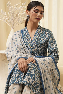 Indigo Cotton Printed Gathered Suit Set image number 1
