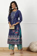Blue Jacquard Solid Straight Palazzo Pants image number 0