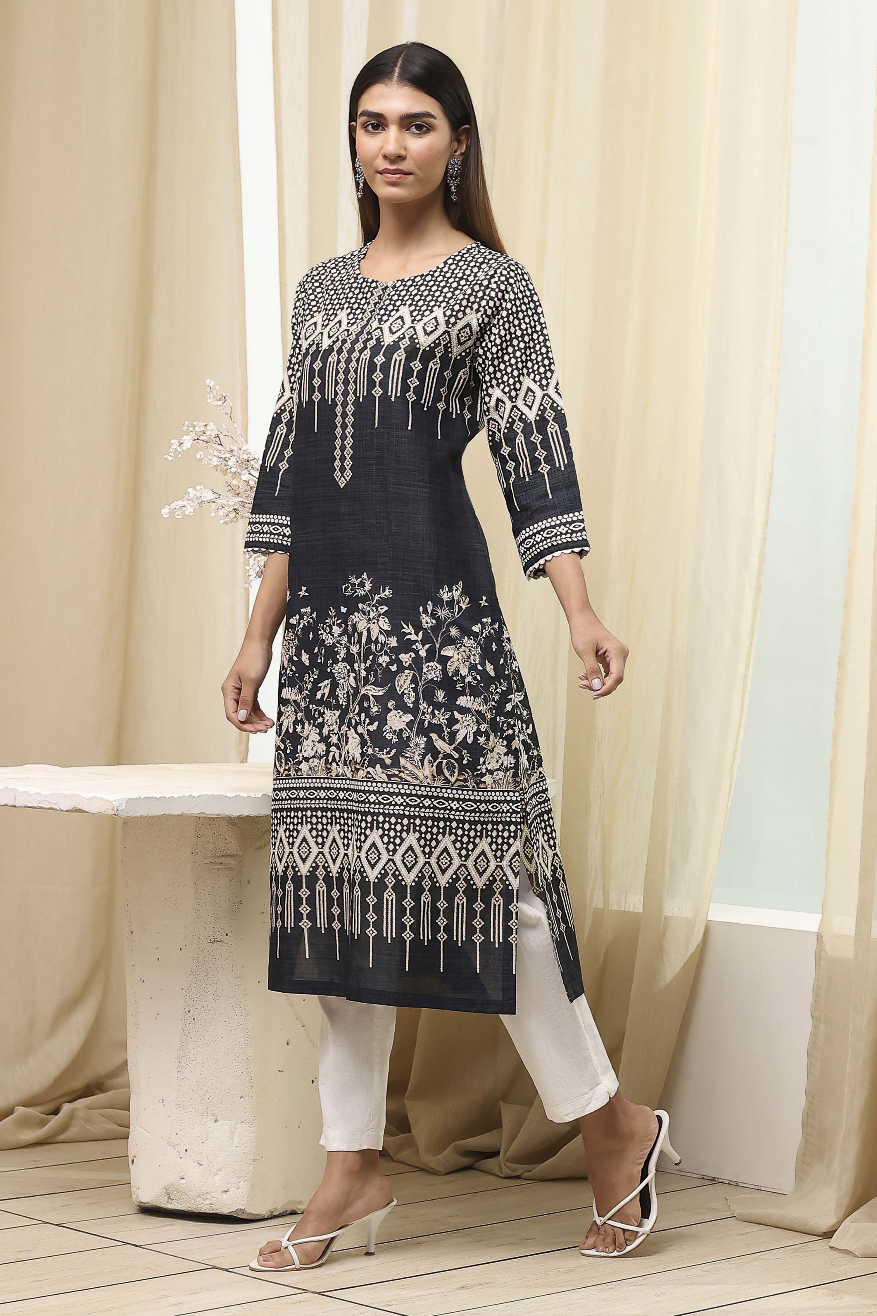 Black Cotton Printed Straight Kurta image number 2