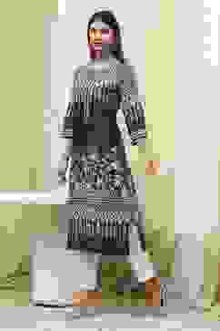 Black Cotton Printed Straight Kurta image number 2