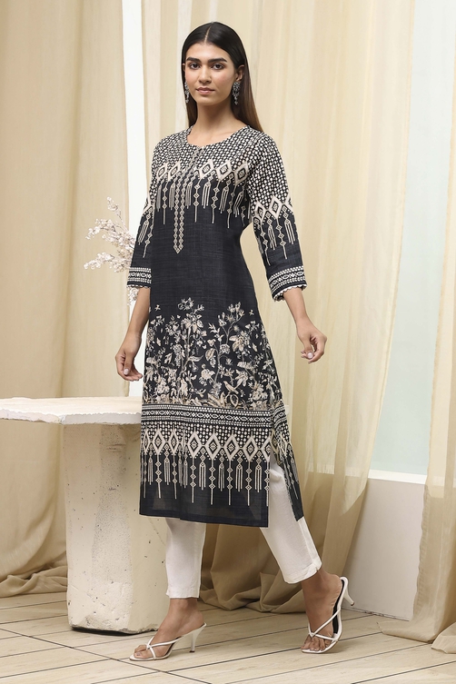 Black Cotton Printed Straight Kurta image number 2
