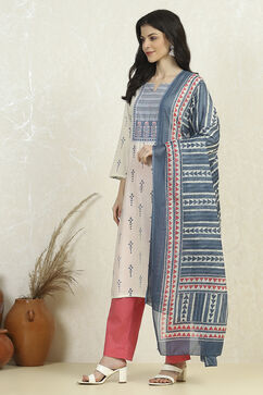 Blue Cotton Printed Embroidered Unstitched Suit Set image number 4