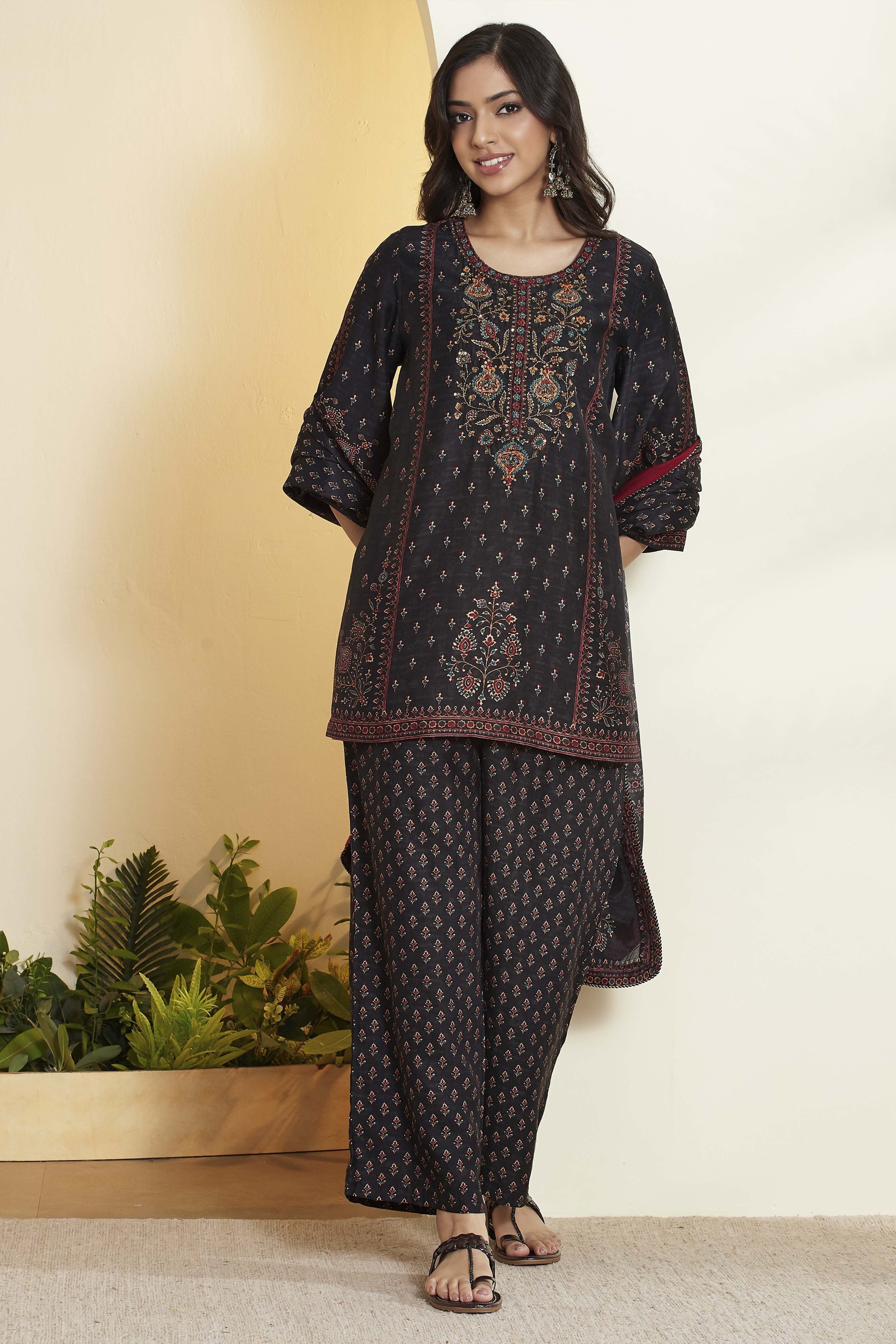 Black Viscose Blend Printed Straight Kurta Set image number 7