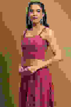 Red Satin Printed Lightweight Lehenga Set image number 1