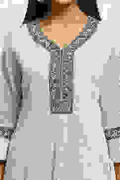 White and Grey Cotton Festive Kalidar Suit Set image number 1