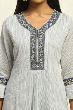 White and Grey Cotton Festive Kalidar Suit Set image number 1