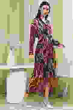 Brown Printed Gathered Tulip Dress image number 4