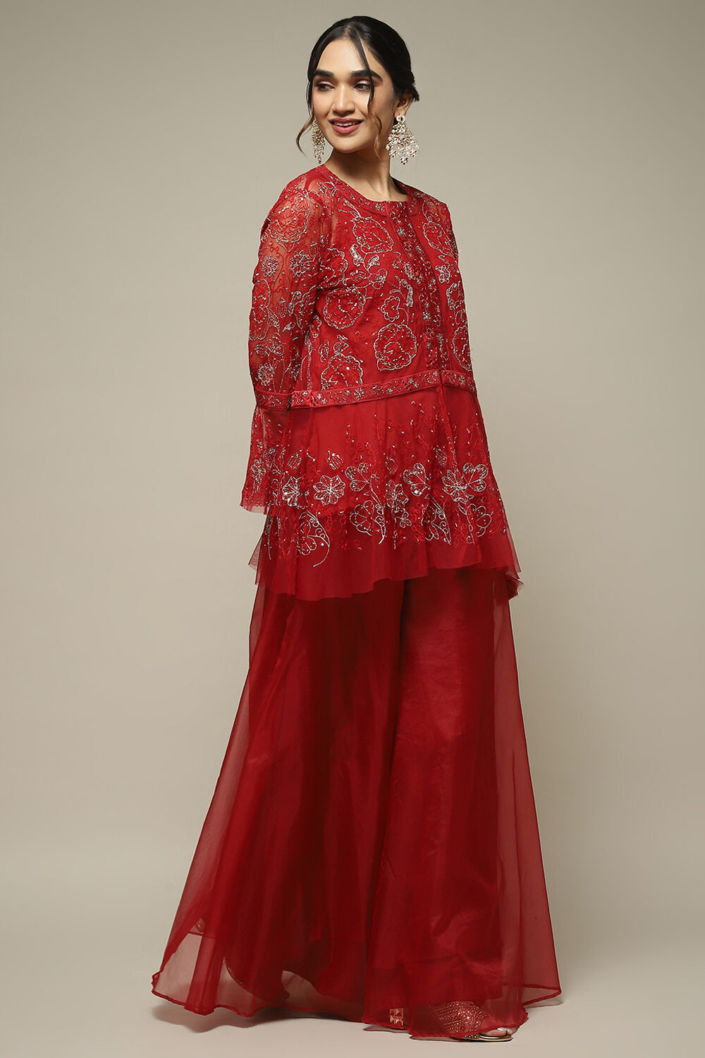 Red Nylon Straight Kurta Sharara Suit Set image number 5